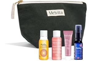 Melvita - Trousse Soins Visage Voyage - Nettoyant, Tonifiant, Hydratant pour Tous Types de Peaux - Inclut Huile Démaquillante 30ml, Eau Extraordinaire 30ml, Eau Florale 28ml, Crème Liftante 10ml