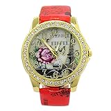 Frauen Vintage Retro Eiffelturm Blumen Uhr mit Strass besetzt um das Zifferblatt Armbanduhr Kunstleder Mode 3