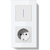BSEEDLIFE Socket with Switch, Recessed Wall Switch with Glass Frame with LED Indicator, 1 Gang 2 Way, Easy Installation Claw