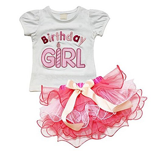 Baby Girls 2pcs Birthday Outfits Top T Shirt Pink Ruffle Tutu Skirt Clothing Set (90(12-18M))