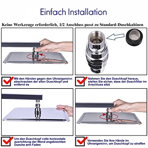 Hiendure®12 Zoll Quadratische Luxus Regendusche Einbauduschköpfe Edelstahl 1/2 Zoll Duschkopf aus Edelstahl SpiegeleffektHochglänzend - 3