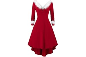 CHAOEN Christmas Dress for Women Ladies Elegant Vintage Long Sleeve V-Neck Christmas Evening Party Swing Dress Plus Size Santa Claus Costume Off Shoulder Velvet Dress Xmas Outfit Cosplay Dress