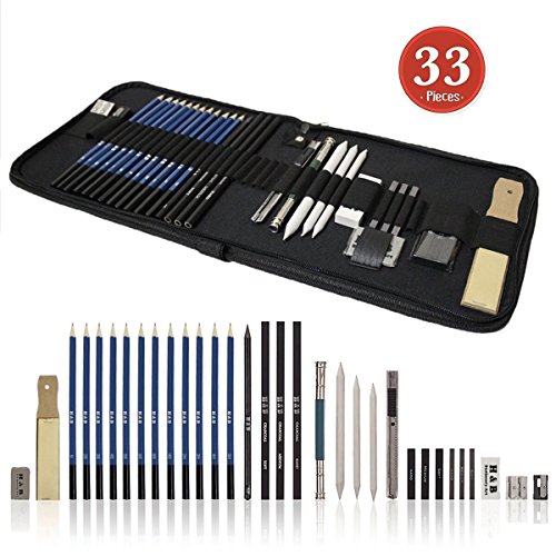 Tinpa 33 Stück Bleistifte Skizzierstifte Set Skizzieren und Zeichnung Bleistift Kit Sketching Set Graphite & Charcoal Bleistifte, Radiergummi, Anspitzer, Stick,Kunst-Zeichnung Zubehör Set für Künstler, Anfänger, Schüler - 2