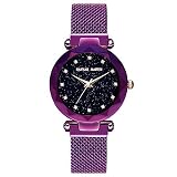 Damen Uhren, L'ananas Frauen Mode Sternenklarer Himmel Dial Diamant schneiden Freie Größe Maschengurte Armband Armbanduhr Women Watches Bracelet (Lila)