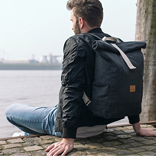 Johnny Urban Rucksack Damen   Herren Schwarz Anthrazit Roll Top Daypack aus Baumwoll Canvas - L  ssiger Vintage Tagesrucksack f  r den Alltag - Wasser