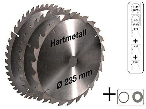 3 tlg Set Kreissägeblatt Hartmetall 235 x 30 mm 24 Z + 36Z + 48Z