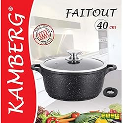Kamberg - 0008036 - Faitout 40 cm - Fonte d'Aluminium - Revêtement type pierre - Couvercle en verre - Tous feux dont induction - Sans PFOA