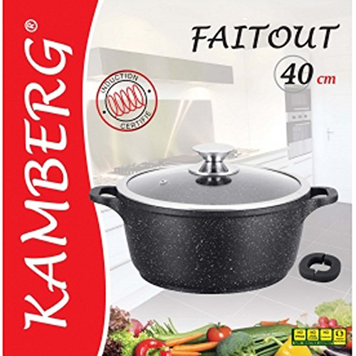 Kamberg - 0008036 - Faitout 40 cm - Fonte d'Aluminium - Revêtement type pierre - Couvercle en verre - Tous feux dont induction - Sans PFOA