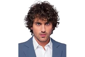 AIYLMZ Peluca sintética marrón rizada para hombres con flequillo Tupé de cabello para hombres Pelucas en capas esponjosas con estilo natural Postizos para hombres para disfraces (Marrón A)