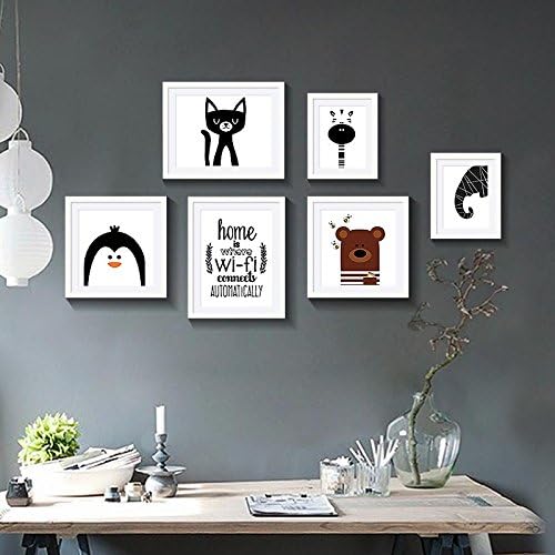 Patined Nordic Decorative Painting Modern Simple Living Room Black And White Painting Bedroom Creative Combination Painting Of Milu Deer Abstract Restaurant Murals,Black Picture Frame,Six Pieces Of The Penguin Bear Set 130X69Cm