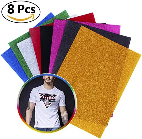 GABBREIN Glitter Heat Transfer Vinyl,8 Sheets for Iron On Heat Press T-shirts DIY in A4 Size (8)