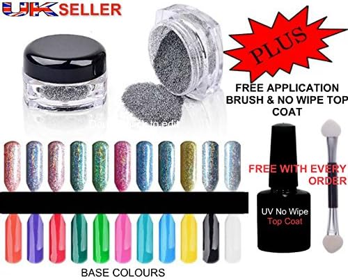 UK! HOLOGRAPHIC RAINBOW UNICORN HOLO SILVER PIGMENT MIRROR CHROME POWDER +BRUSH FREE + No Wipe Top Coat Gel Polish With Orders