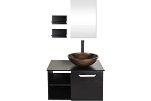 YU YUSING Set di mobili da bagno, mobiletto da bagno con lavandino, specchio, mobili da bagno con lavabo, armadietto a specchio, 2 mensole, set rubinetto (marrone)