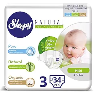 Sleepy Ultra Sensitive Tape Diaper, Pure, Natural & Organic, Size 3 (4-9 KG), Pack of 34.