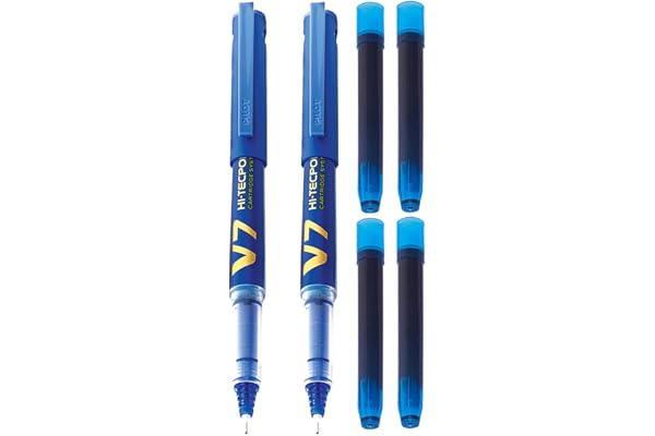 Pilot V7 Hi-tecpoint Roller ball pen with Cartridge System - 2 Blue Pens, 4 cartridges