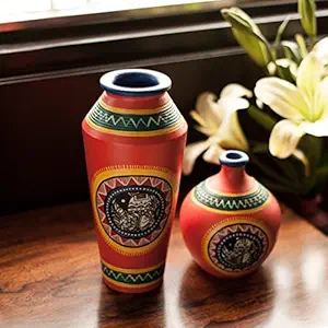 ExclusiveLane Madhubani Handpainted Living Room and Home Decorative Flower Terracotta Vases (Set of 2) - Flower Pots Artifacts Terracotta Pots Home Decor Item