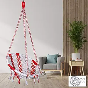 Patiofy Made in India Cotton Round Swing-Hanging Cotton Chair Swing with Accessories & Strong 4 ft. Chain for Indoor & Outdoor/150 Kg Capacity/Swing Chair for Kids and Adults (66x45x148 cm, White-Red)