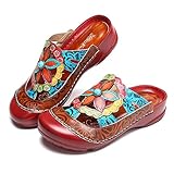  gracosy Damen Sandalen Clogs, Sommer Leder Mokassins Plattform Pantoletten Flache Schuhe Slip-ons Vintage Slipper Bequem Blume Sommerschuhe Hollow Out Strandschuhe - Grau Rot Grun Lila, MEHRWEG