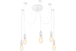 iDEGU Rétro Lustre Suspension, 5 Bras Suspension Luminaire DIY Créatif Lustre Plafonnier Style Araignee Ajustable 150CM Vintage Lampe de Plafond avec E27 Douille pour Salle à Manger (Blanc 5 Lumières)