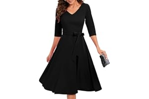 Bbonlinedress Rockabilly Kleider Damen 3/4 arm V-Ausschnitt Midi Langarm Festliche Kleider für Hochzeit Vintage Cocktailkleid