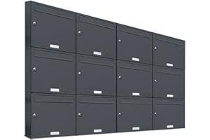 AL Briefkastensysteme 12 Letter Box System Anthracite Grey RAL 7016, Premium Letter Box DIN A4, 12 Compartments Postbox Modern Surface-Mounted