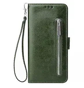 Teletel Zipper Series Flip Mobile Cover Pu Leather | Card & Cash Pockets | Magnetic Loop | Front Zip Lock Wallet Case (Dark Green) for Samsung Galaxy A71