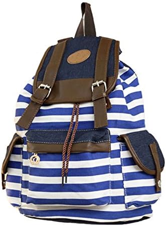 Vintage Stripe Canvas Backpack Shoulders Bag School Bag Rucksack Daypack Travel Bag for Teenage Girls Boys Blue