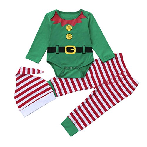 Ropa de Navidad bebé, Infantil Bebé niños niñas Trajes de Navidad Conjunto Mameluco + Pantalones + Sombrero 3 Mes - 2 Años (Verde, Tamaño:18-24Mes)