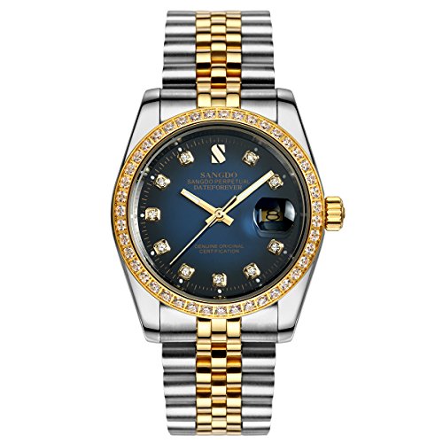Topwatch Sangdo Herren-Armbanduhr mit Schmuckstein-besetzter Lnette, blauem Zifferblatt und zweifarbigem Armband, automatisches mechanisches Uhrwerk Topwatch Sangdo Herren-Armbanduhr mit Schmuckstein-besetzter Lnette, blauem Zifferblatt und zweifarbigem Armband, automatisches mechanisches Uhrwerk