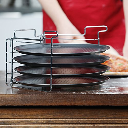 Relaxdays Pizzablech im 4er Set HBT: 20 x 32 x 32 cm Pizzabäcker-Set mit 4 Backblechen und Ständer als Pizza-Backblech und Flammkuchen Blech rundes Pizzabackblech mit Antihaftbeschichtung, anthrazit - 2