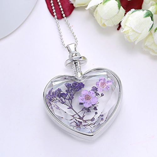 Buweiser Vintage Classic Heart Shape Necklace - 2017 Ladies Transparent Crystal Lavender Dried Flower Necklace