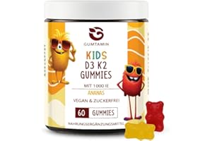 ‎GUMTAMIN Gumtamin Vitamin D3 K2 Kinder Gummibärchen– 60 vegane Vitamin D Kinder Gummies mit 1000 IE – Sonnenvitamine zuckerfrei mit fruchtigem Erdbeer & Ananas Geschmack - Vitamin D Gummies mit K2