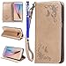 Produktbild FESELE Schutzhülle für [Samsung Galaxy S6 Edge], Leder Flip Case Brieftasche Lederhülle Etui Schutz Hülle Rose Blumen Butterfly Schmetterling Muster Lanyard Wallet Schutzhülle Ledertasche Handytasche mit Standfunktion und Kredit Kartenfächer Magnetverschluss für Samsung Galaxy S6 Edge + Blau Eingabestift Stylus Touch Pen-Rose Blume,Golden