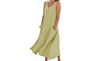 ROFUSSO Abito Estivo Vestito Donna in Lino e Cotone Maxi Abito Senza Maniche Abito da Spiaggia Casual a Girocollo Elegante Abito a Canotta Boho con Tasche