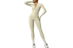 OEAK Damen Sport Jumpsuit Lang Eng Yoga Overall Langarm Rollkragen Playsuits mit Reißverschluss Nahtloser Bodysuit Bodycon Strampler Einteiler Romper