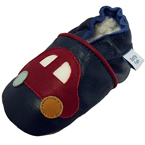Soft Leather Baby boy Shoes with Suede Soles by Dotty Fish Navy Car design - 6-12 months