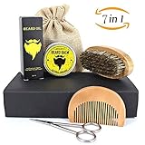 Beard Brush Comb Set, niceEshop(TM) 7 pcs Men Beard Grooming Trimming Kit with Wooden Comb, Beard Brush, Unscented Beard Oil, Bear Balm, Barber Scissor and Cotton Bag for Facial Hair Care and Mustache