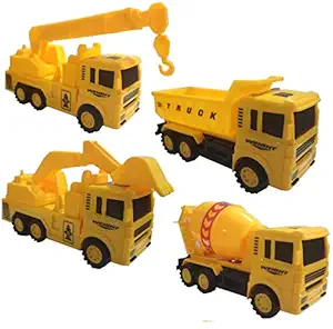 HALO NATION Unbreakable Friction Truck Set - Pull Back Trucks Set of 4 (Construction Trucks - Dumper , Mixer, Crain, JCB)