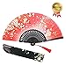 Produktbild omytea "Sakura Wind" zusammenklappbar Hand Held Seide Fans für Frauen – Mit Ein Gewebe Ärmel für Schutz für Geschenke – Japanisches/Chinesisches Vintage Retro Stil, Bambus, rot