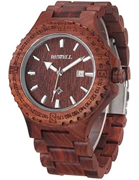 Alienwork Quarz Armbanduhr massive Naturholz Uhr Herren Uhren handgefertigt Rotes Sandelholz Holz rot UM023A-01