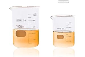 ULAB Glass Beaker Set, 2 Sizes of Vol. 500ml 1000ml, 3.3 Boro Griffin Low form with Printed Graduation, UBG1021