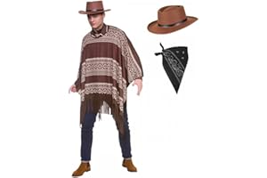 A2ZFD Western Cowboy Poncho + Gunslinger Hat + Black Bandana : Adult Wild West Drifter Gunman Mens Fancy Dress Costume
