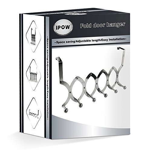 [Klappbar] Ipow Türgarderobe Edelstahl Türhängeleiste verstellbar, 6 Haken, ideal für Dicke Tür, verchromt/silbern - 6