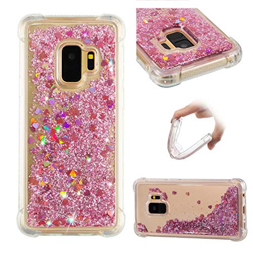Preisvergleich Produktbild SHYHONG Kompatibel Samsung Galaxy S9 Hülle+5D gehärtetem Glas Dynamischer Treibsand Transparent TPU Silikon Handyhülle Vier Eckluftkissen Schutzhülle Anti-Shock Bumper Cover(Rose)