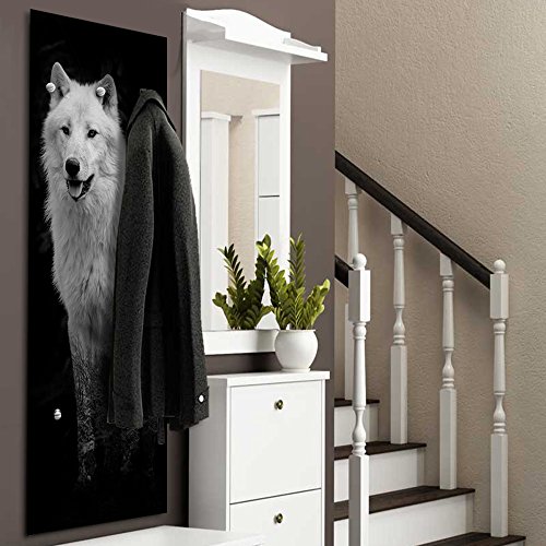 Feeby, Deco Panel Aufhänger, Kleiderhaken, Wandgarderobe, Garderobe, Wandecor Bilder mit hänger, 5 haken, WOLF, TIER, SCHWARZ-WEIß
