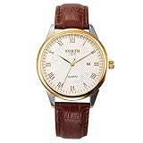 Männliche Uhr, analoge runde Quarz Lederband Datums Geschäfts Uhr Armbanduhr(White Dial Gold Case)