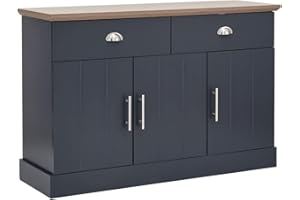 GFW Kendal Sideboard Cabinet Unit With 2 Storage Drawers & 3 Door Storage Cupboard, Contemporary Wooden Sideboards For Living Room, Dining Room & Kitchen, Slate Blue & Oak, H-77cm x W-117cm x D-39cm