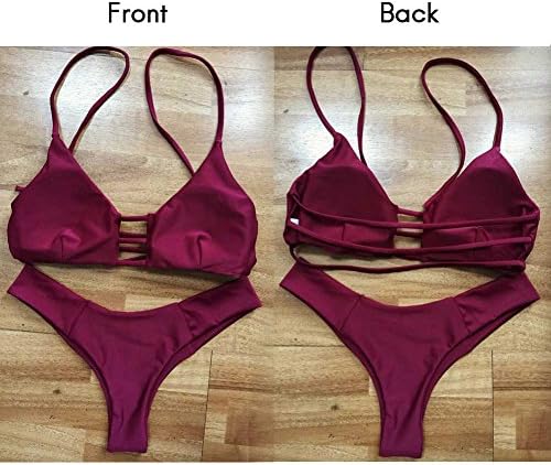 KOINECO Women's Strappy Padded Cut Out Bikini Set Swimwear Burgundy