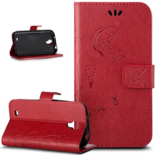 Galaxy S4 Hülle,Galaxy S4 Case,Galaxy S4 Leder Wallet Tasche Brieftasche Schutzhülle,ikasus® Prägung Schmetterling Blumen Muster PU Lederhülle Flip Hülle im Bookstyle Cover Schale Stand Ständer Etui Karten Slot Schutzhülle Grau Tasche Wallet Case für Samsung Galaxy S4 i9500 - Groß Schmetterling:Rot