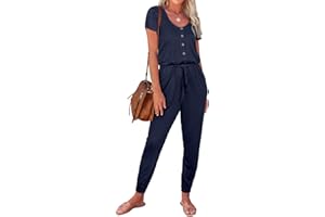 REORIA Tuta casual estiva da donna tinta unita scollo rotondo pulsante giù bocciolo manica pagliaccetti con tasche